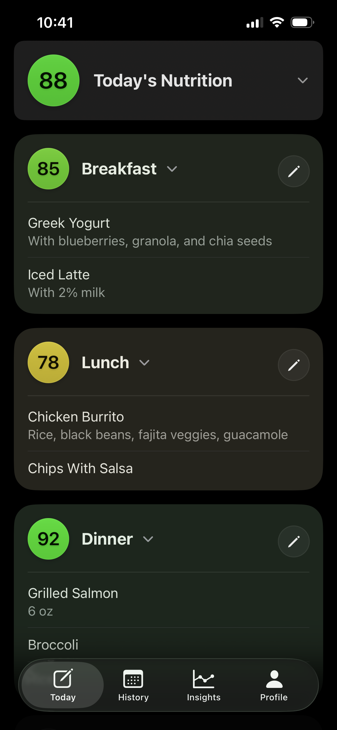 NoCal iPhone screen showing meal nutrition scores
